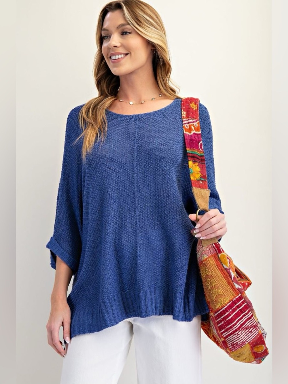easel Blue Crochet-Knit Boxy Sweater